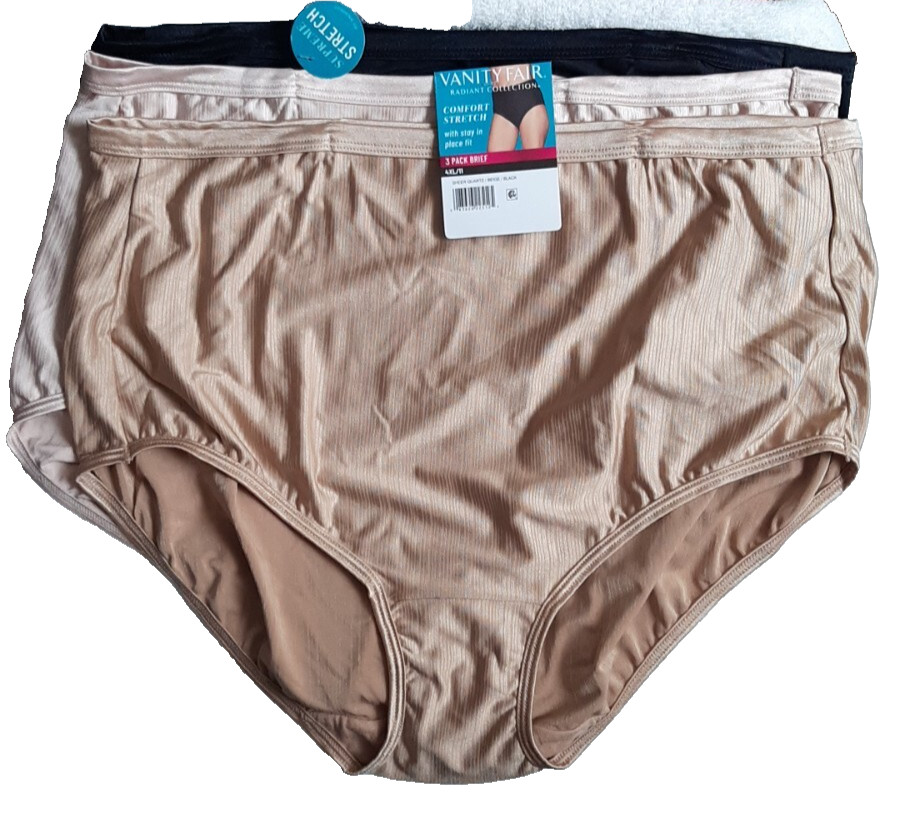 3 VANITY FAIR BRIEF PANTIES #341311 BEIGE CREAM BLACK COLOR NYLON SPANDEX 5X/12