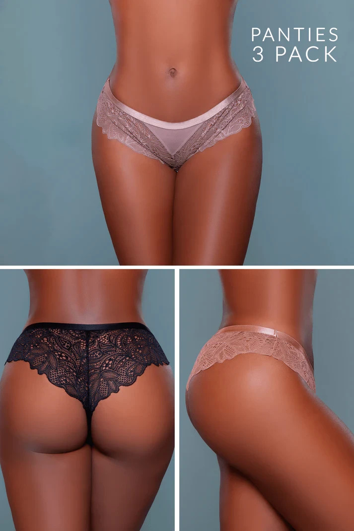 Lace Cheeky Panties Womens Large 3 Pack Low Rise Trim Black Brown Bronze 2212