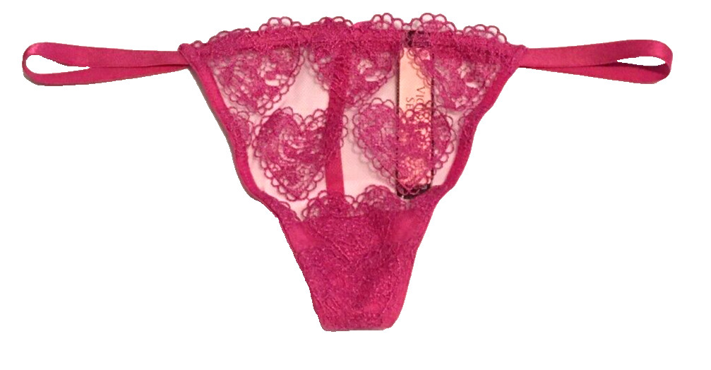 Victorias Secret Pink Heart Embroidery V-String Thong Panties Size M Heart Charm