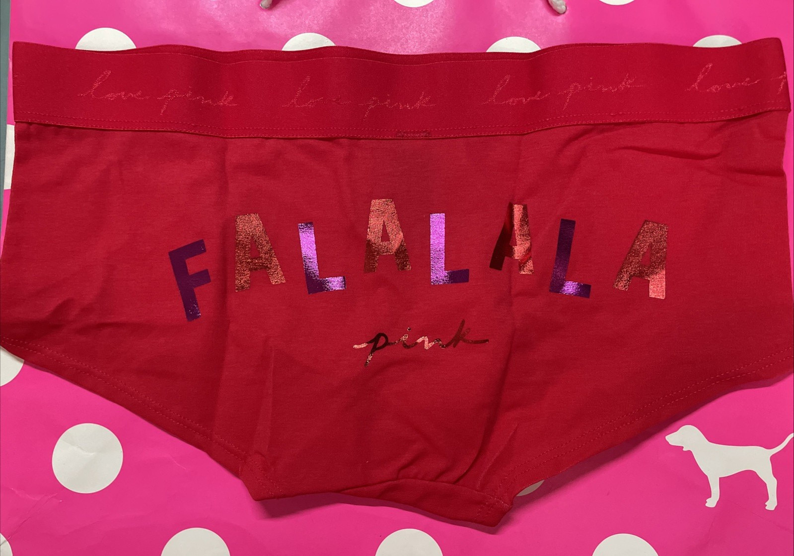 2021 Victoria Secret PINK Wide Logo Band Low Rise Boyshort Panties L Fa La La La