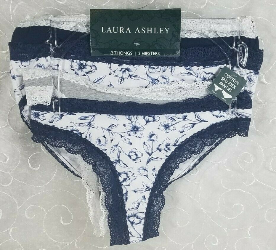 Laura Ashley 4 Small Lace Trimmed Panties 2 Thongs, 2 Hipsters White Gray Navy