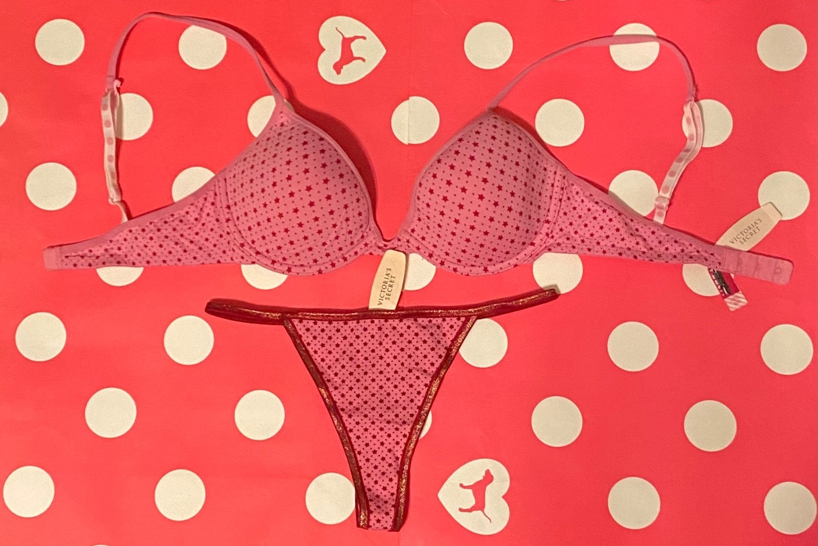 Victoria’s Secret Pink 2006 Y2k t-shirt Bra & V-String Thong panty set 32C S vtg