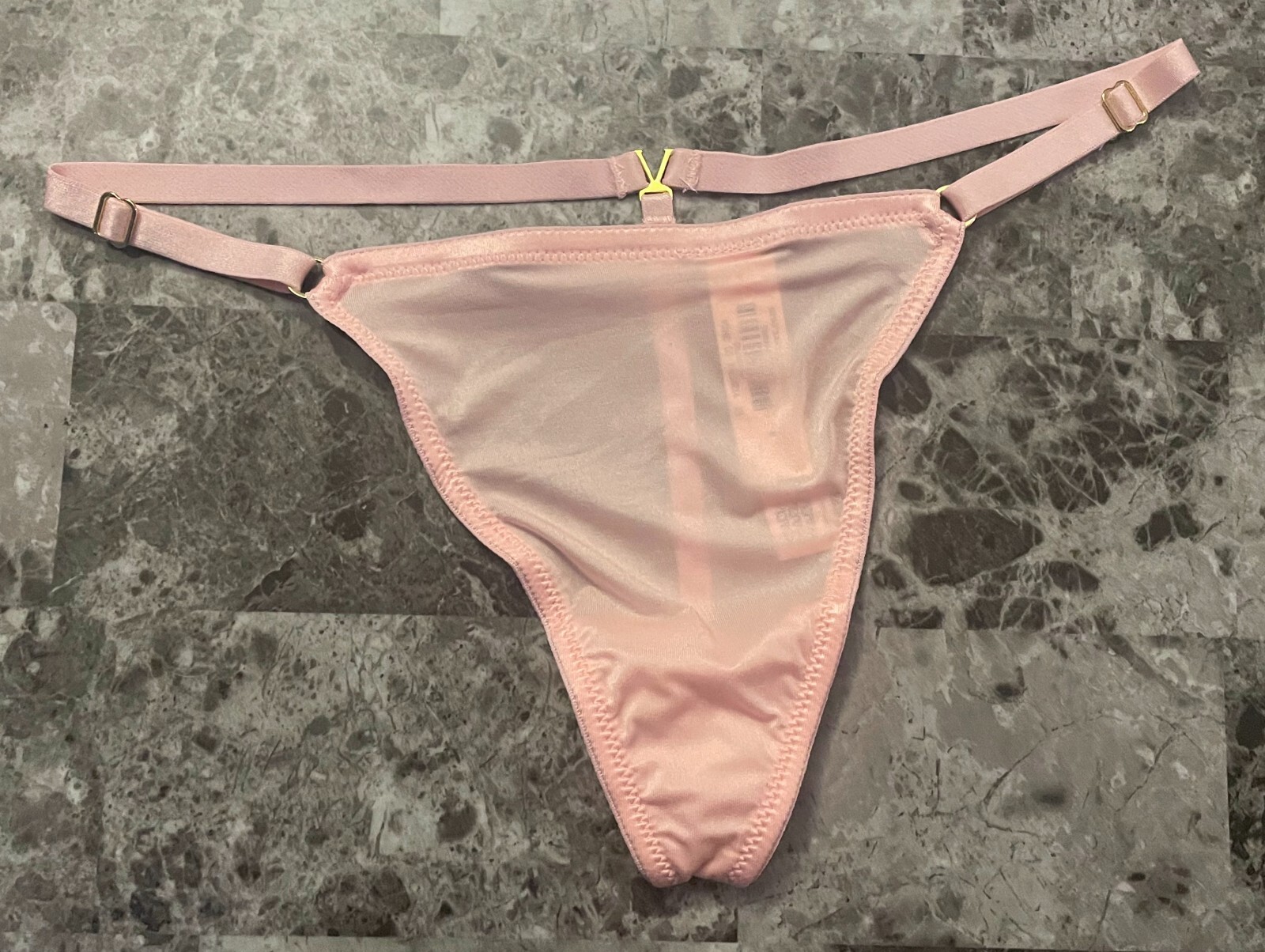 NWT VICTORIA’S SECRET PINK SATIN SMOOTH GOLD ADJUSTABLE STRAPS V STRING PANTIES