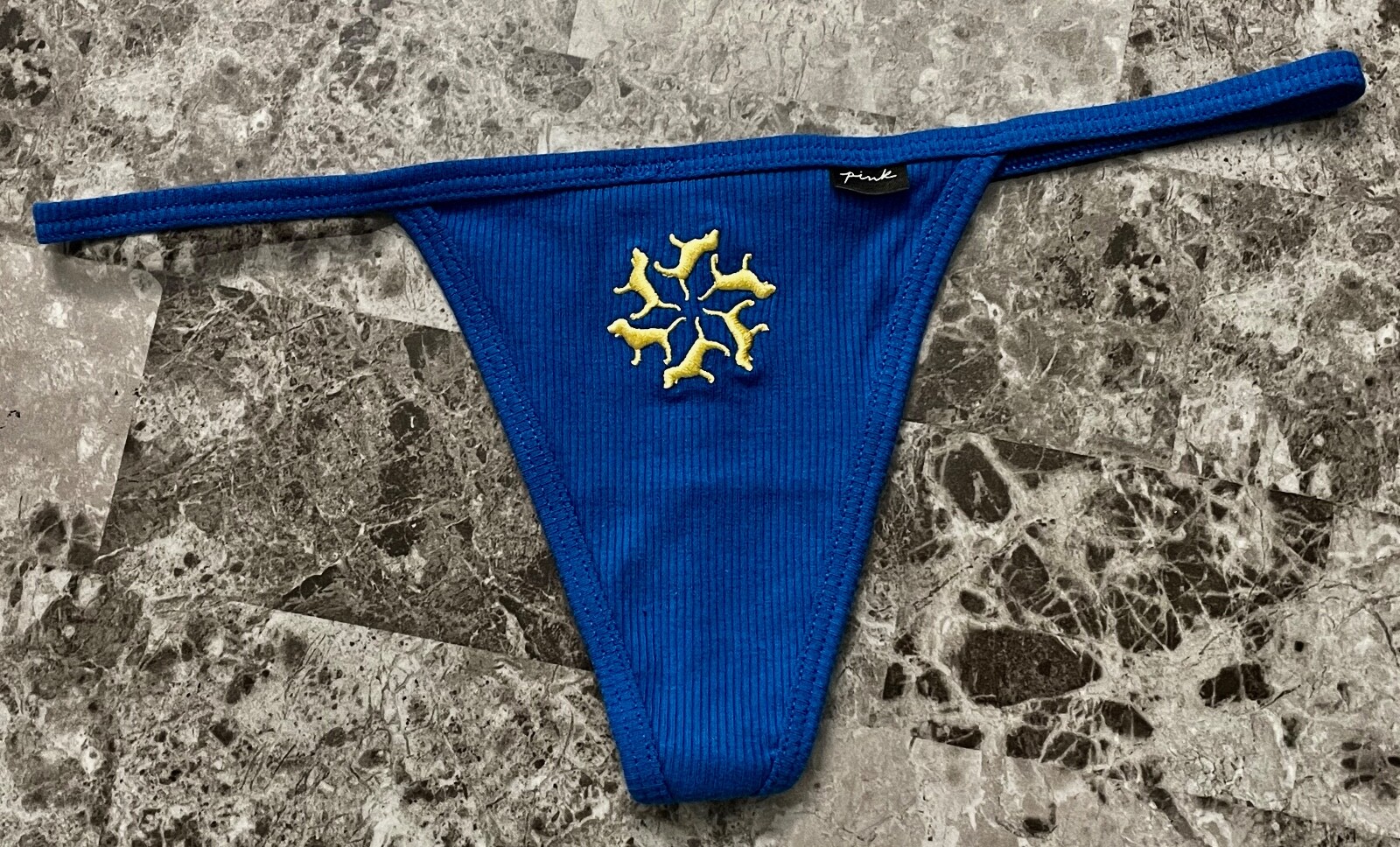 NWT VICTORIA’S SECRET PINK BLUE GOLD DOG RIB RIBBED KNIT V STRING THONG PANTIES