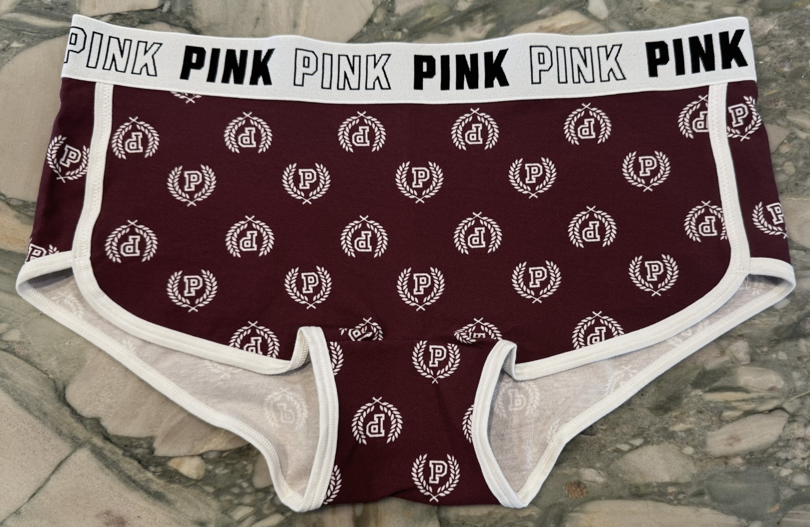 NEW Victoria Secret PINK BLOCK LOGO Cotton Trim Boyshort – Maroon Seal Logo XXL
