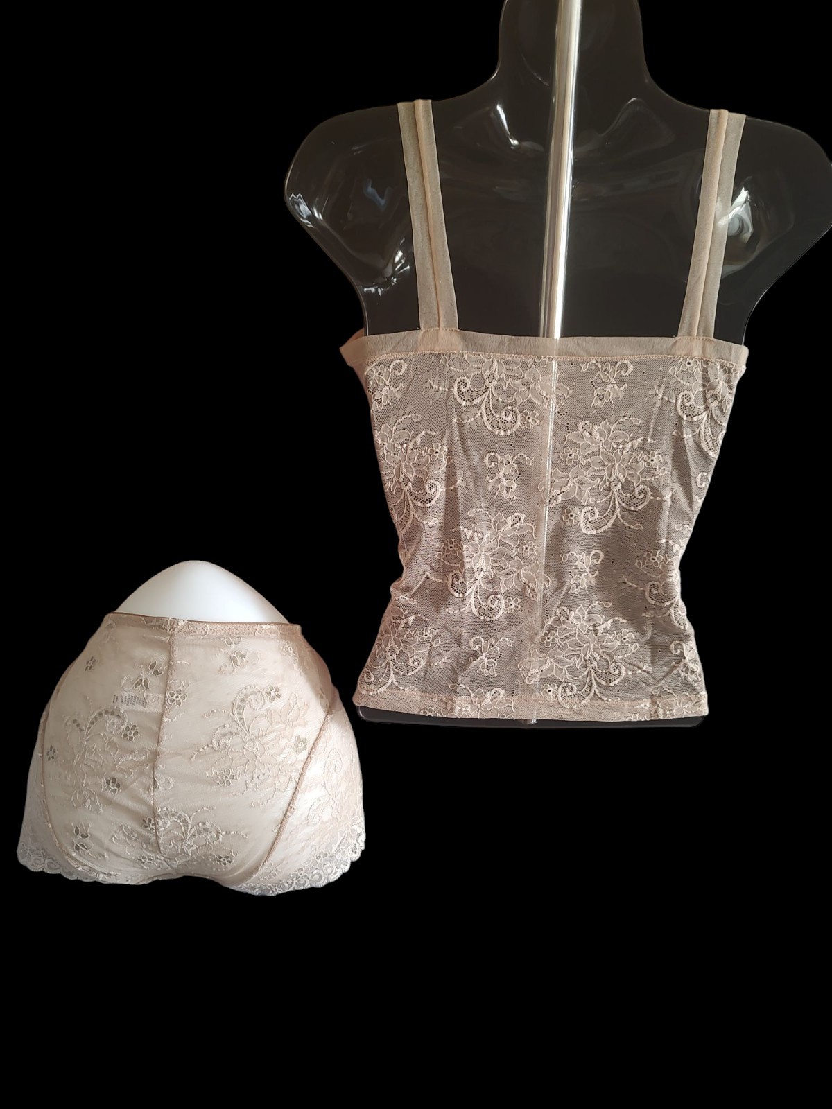 NWT VTG OnGossamer Beige Lace Fitted Camisole & Boy Short Panty Set Size L