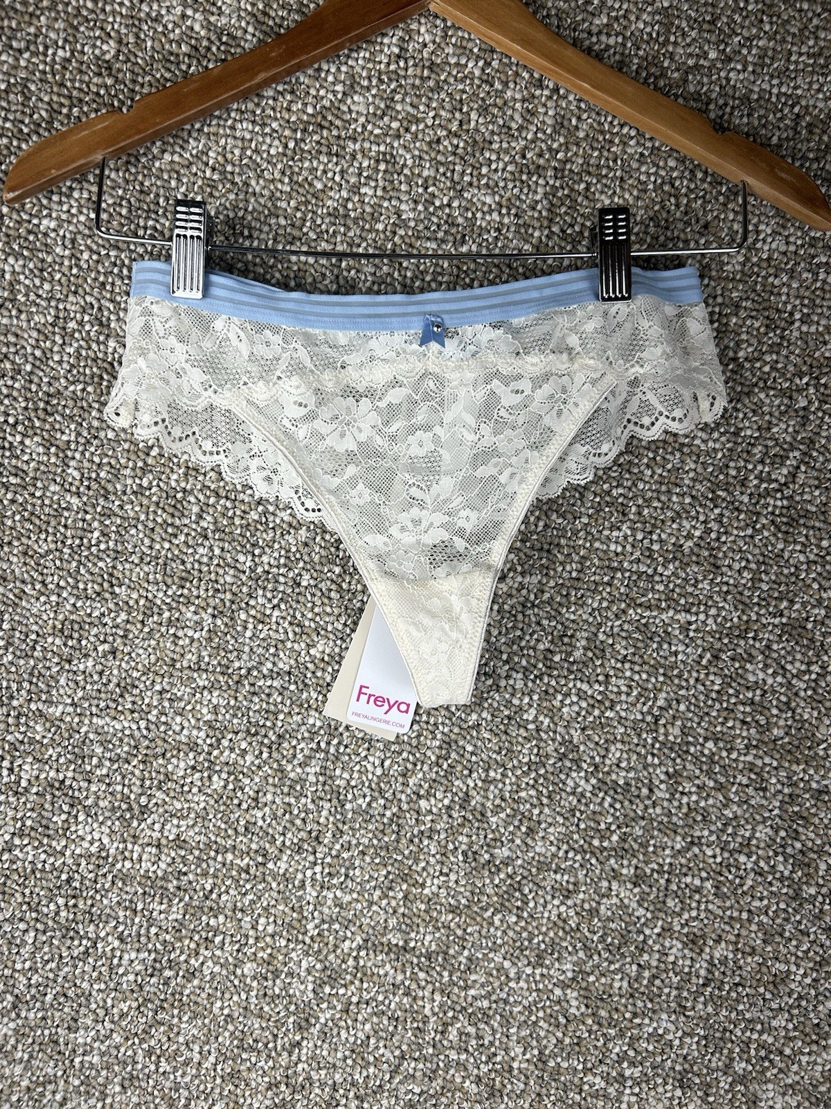 Freya Offbeat Brazilian Ivory Blue Sheer Lace Thong Sz Medium New