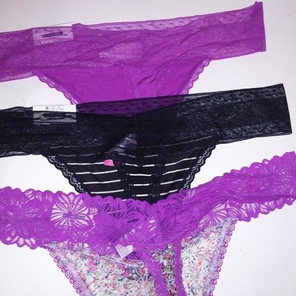 Set of 3 No Boundaries Panty XXL 2X 19 Thong Purple Black Stripe Solid Floral La