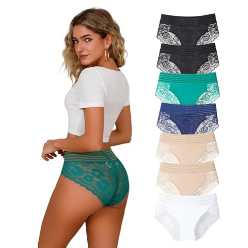 Lace Underwear for Women High Waisted 2X 7pcs-black/Nude/White/Blue/Green