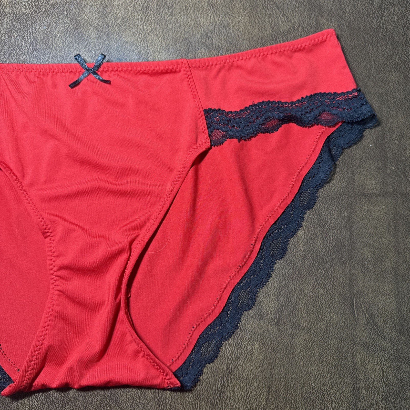 NWOT Vtg Lipstick Red Black Lace Satin Bow HI Cut Panties Underwear Sz 8 XL