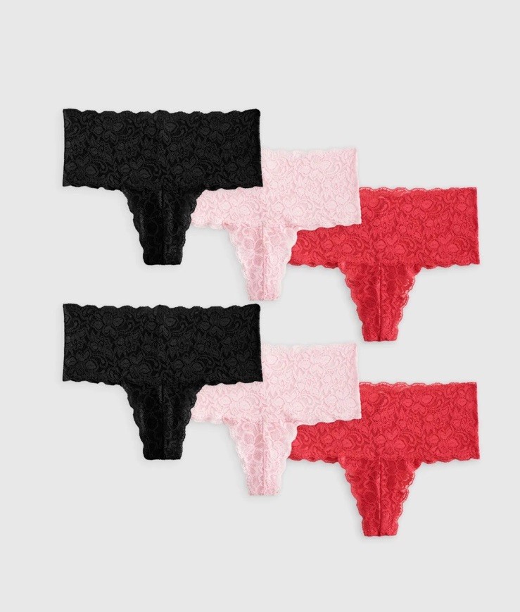 Quince Stretch Lace Cheeky Brief (6-pack) Size Small Black, Pink, Red