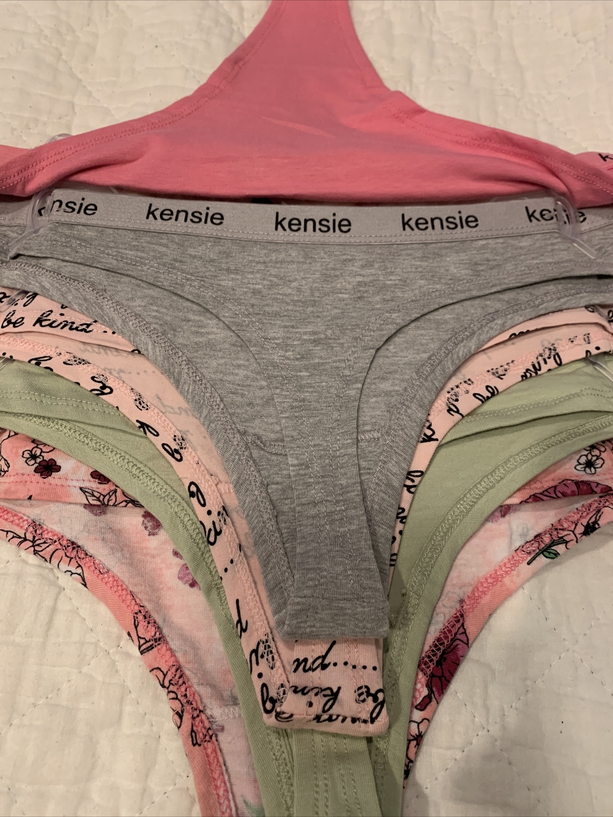 Kensie Lingerie Tag Free Thong Panties Underwear Pink Gray Peach Large 5 Pack