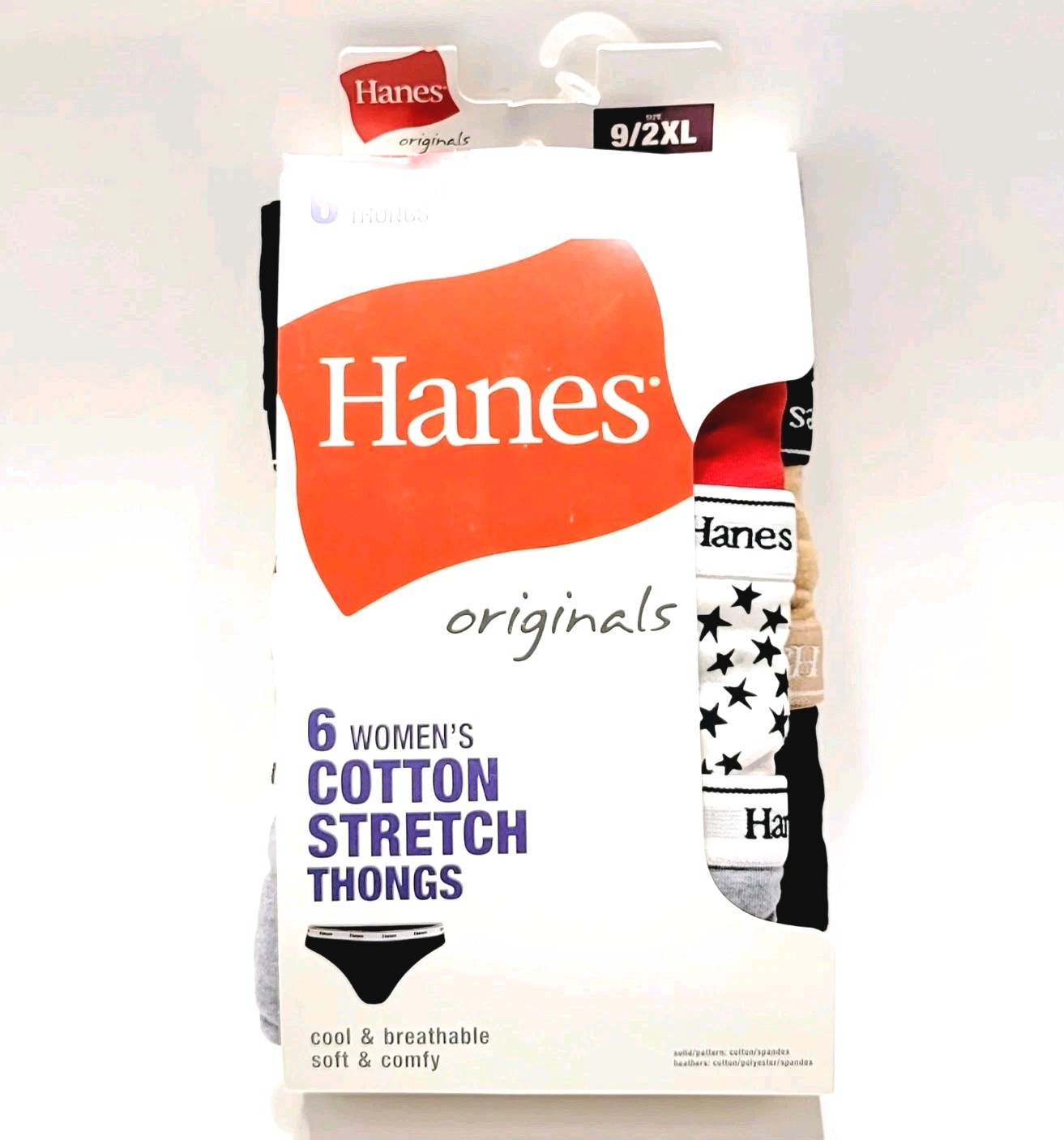 2XL/9 Hanes Originals Womens Thong Underwear Panty Breathable Stretch Cotton 6Pk