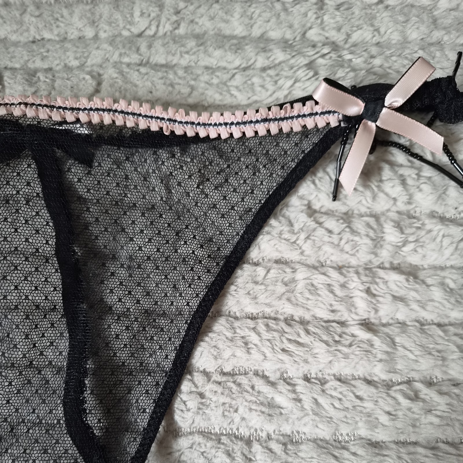 BNWT Vintage Ann Summers Sheer Black & Pink Showgirl Beaded Thong Size 18-20
