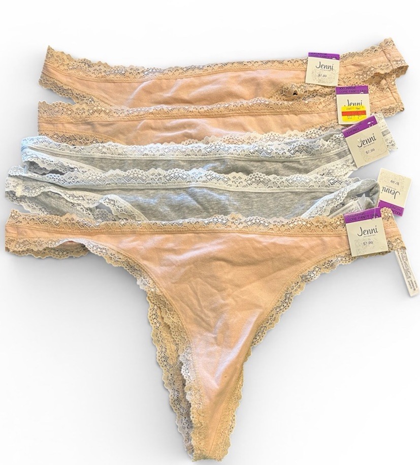 Jenni Plus Size XXL Thongs Lot of 5 Pair NWT Lace Trim Gray Chai Panties New