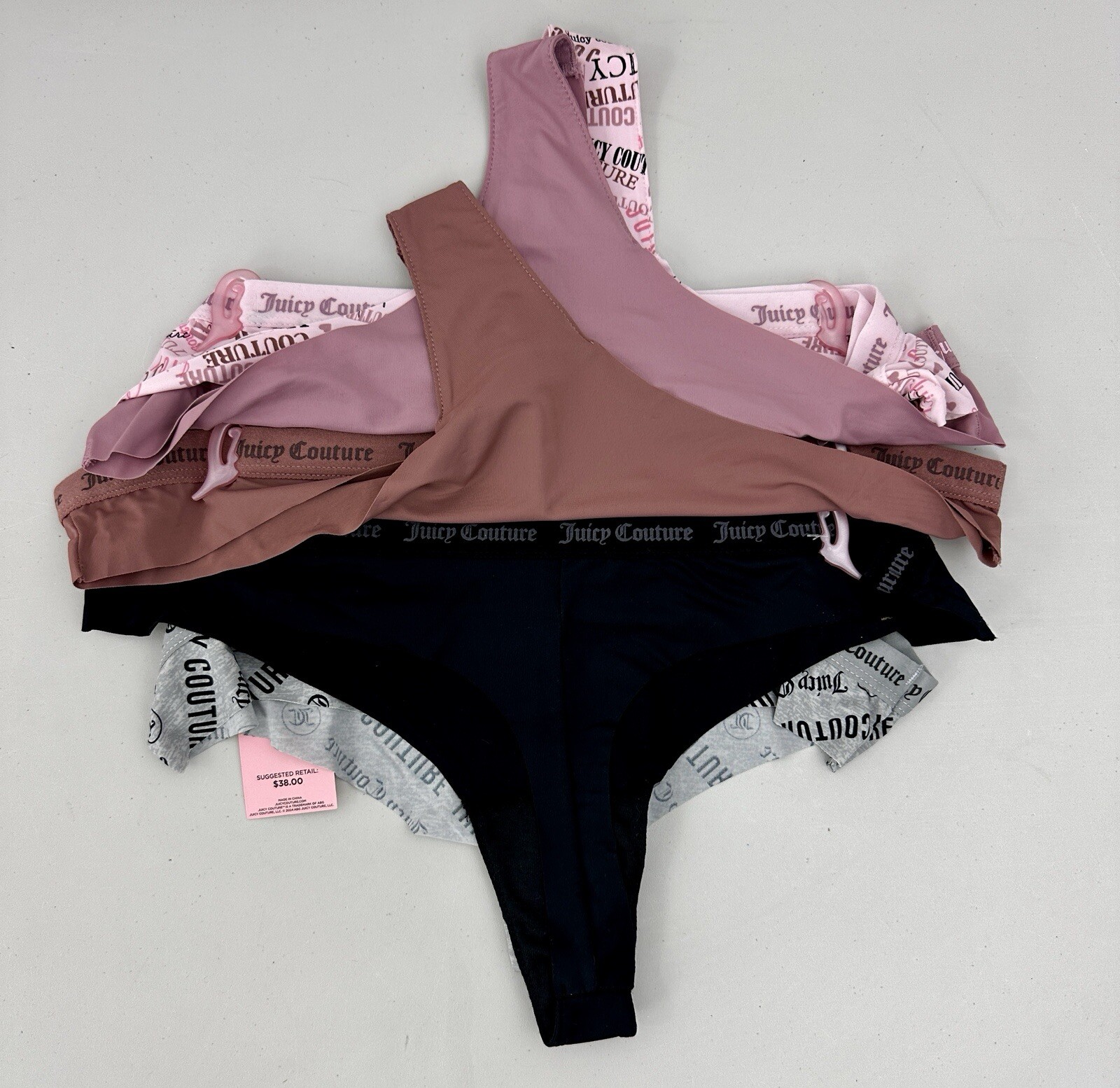 Juicy Couture Women’s L 5-Pack Thong Pinks, Grey & Black Logo & Solid Patterns