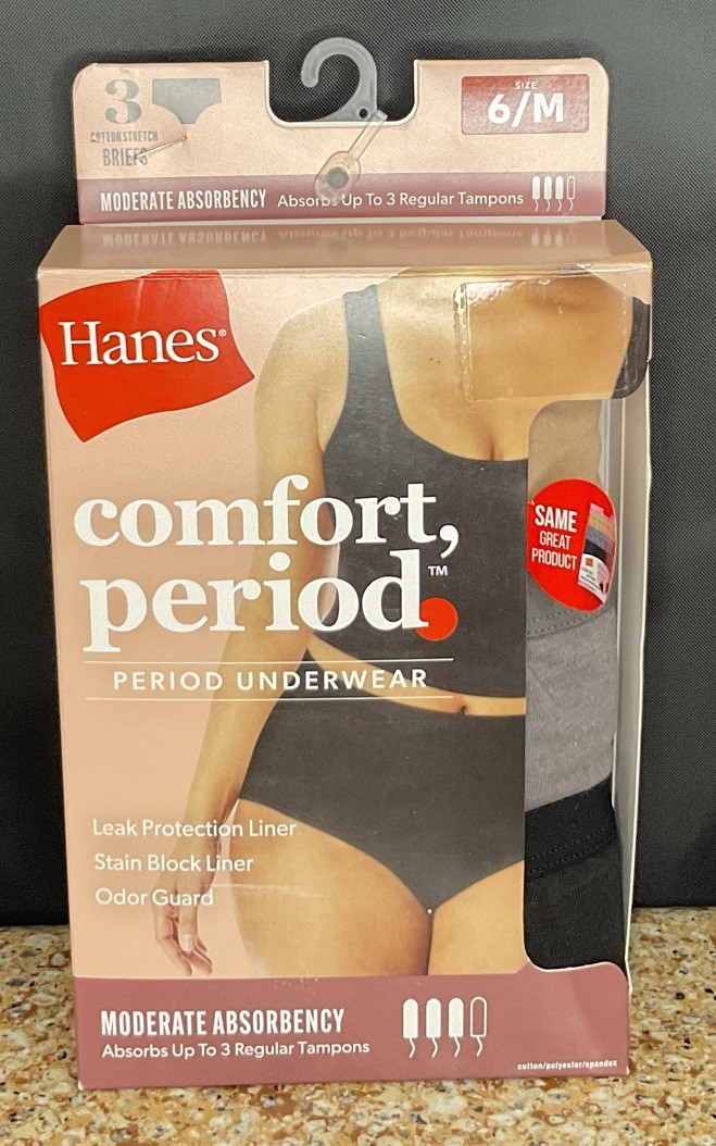 Hanes Comfort Period Underwear Womens 6/M Black Beige Grey Super Briefs /3 Pk