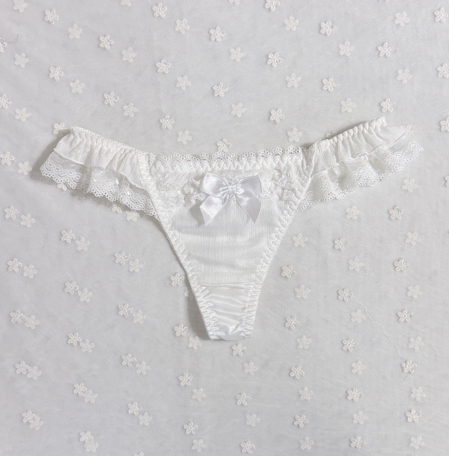 US-S Japanese Brand Satin Bow Glittery Chiffon Trim Lace Ruffle Nylon Thong