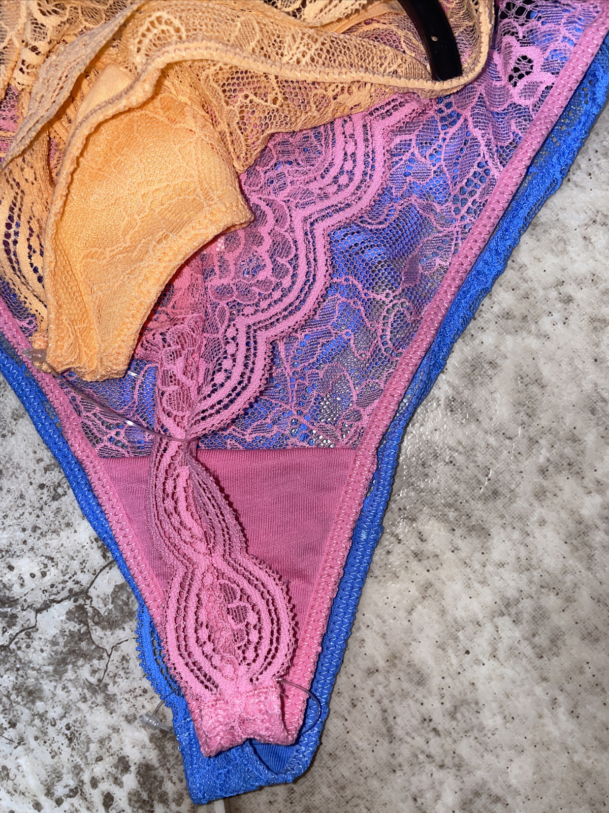 NWT Womens Joyspun Blue Pink Peach 3 Pack Lace Thong Panties Sz Lg 12-14