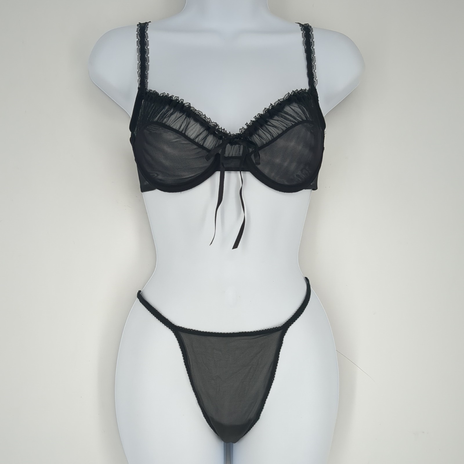 Vintage 02 Y2K Victoria’s Secret Black Sheer Panties Medium Bra 36B Set NWOT
