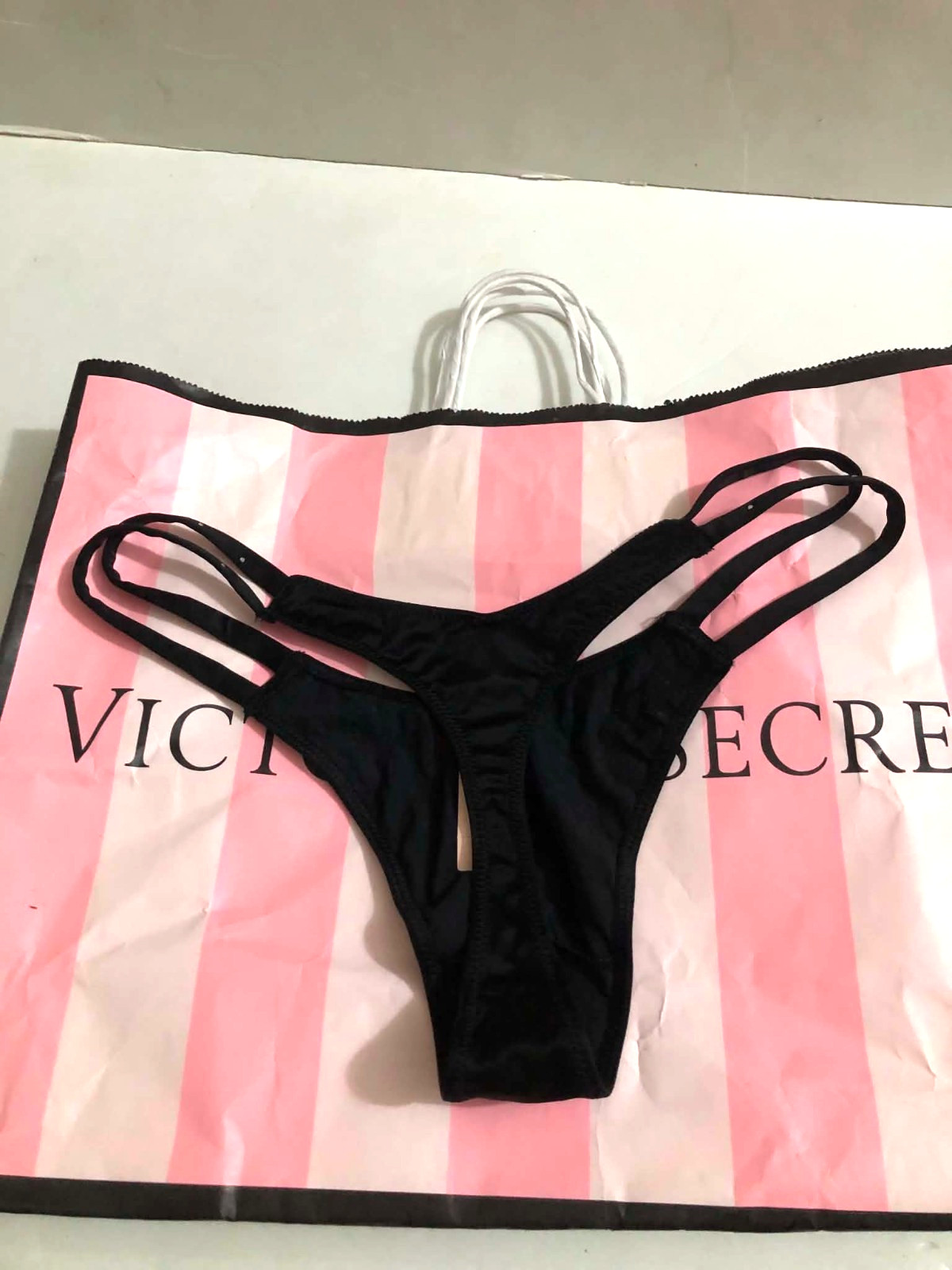 Victoria’s Secret Sparkle Crystal Scattered Shine Double Strap Thong Panty Black