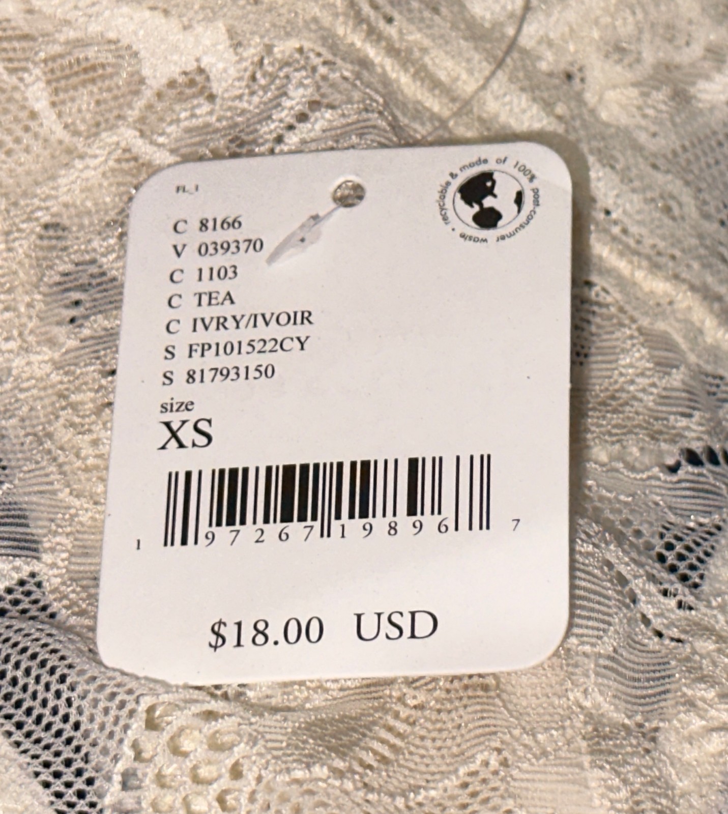 FREE PEOPLE Floral Lace High Cut Ivory Tea Thong Panty Womens XS 4 S 5 M 6 L 7