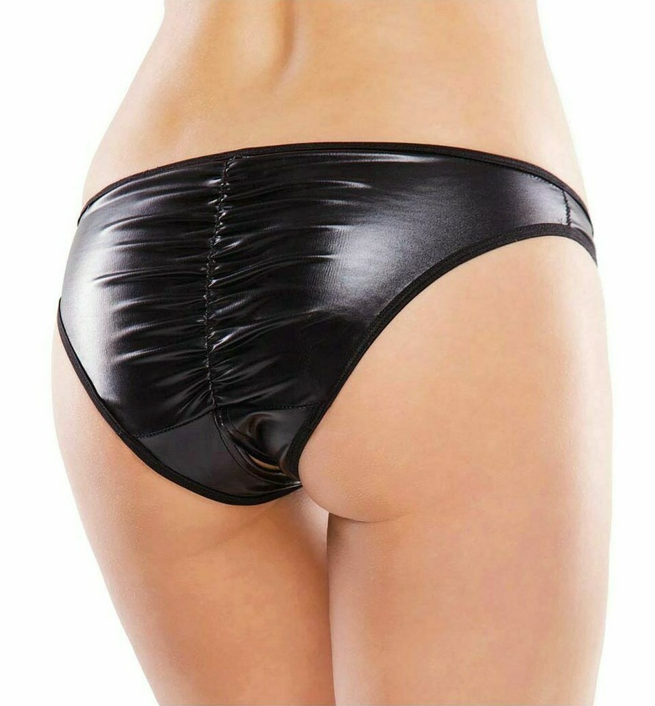 Plus Size Panty Wet Look Ruched Back Black Crotchless Panty Womens OSXL