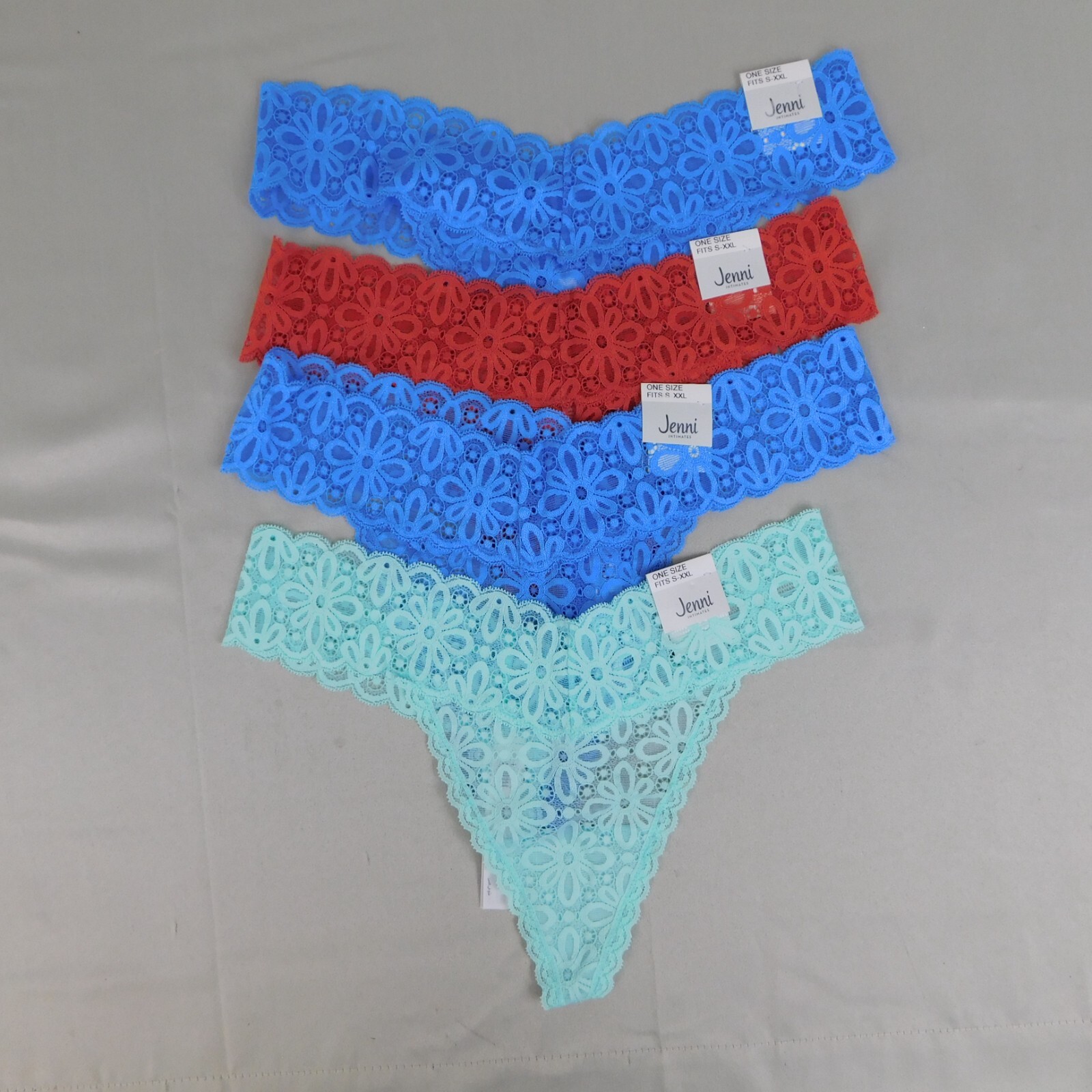 4pc Lot Jenni Nylon Stretch Floral Lace Thong Panties One Size Blue Mint Rust