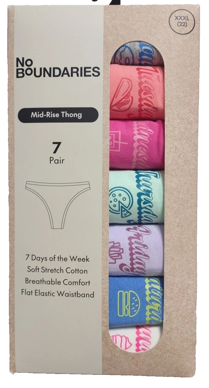 No Boundaries XXXL/3X Mid-Rise Thong Panties 7 Pair 7 Days Of The Week Pack #GOV