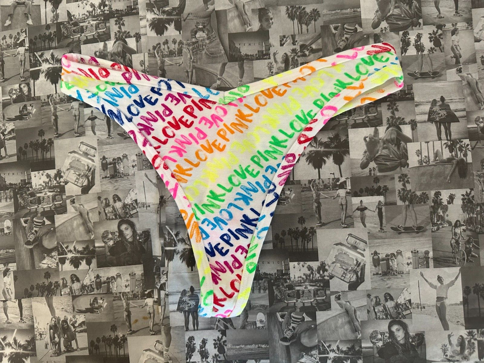 NWT Victoria’s Secret Pink Cotton Thong Panty Love Pink Rainbow logo Large L