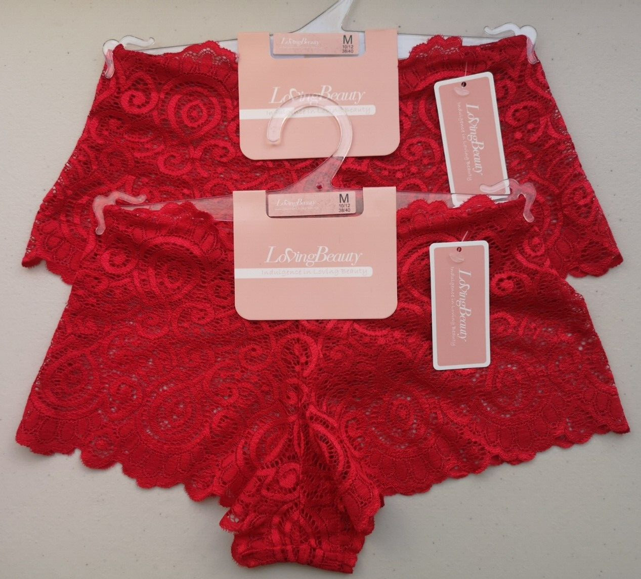 Ladies Set of 2 Sexy Red Sheer Lace Knickers by Loving Beauty Size 10/12