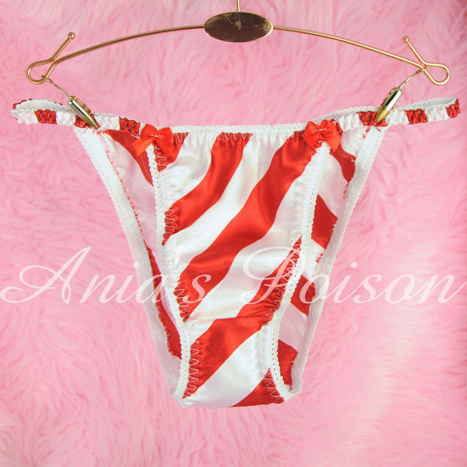 Satin String Bikini Panties Sissy Christmas Red Candy Stripe Cheeky cut shiny