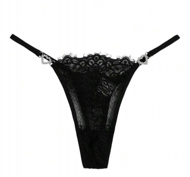 Women’s Sexy Black Lace Thong Panty Rhinestone Hearts y2k Cute Kawaii Large