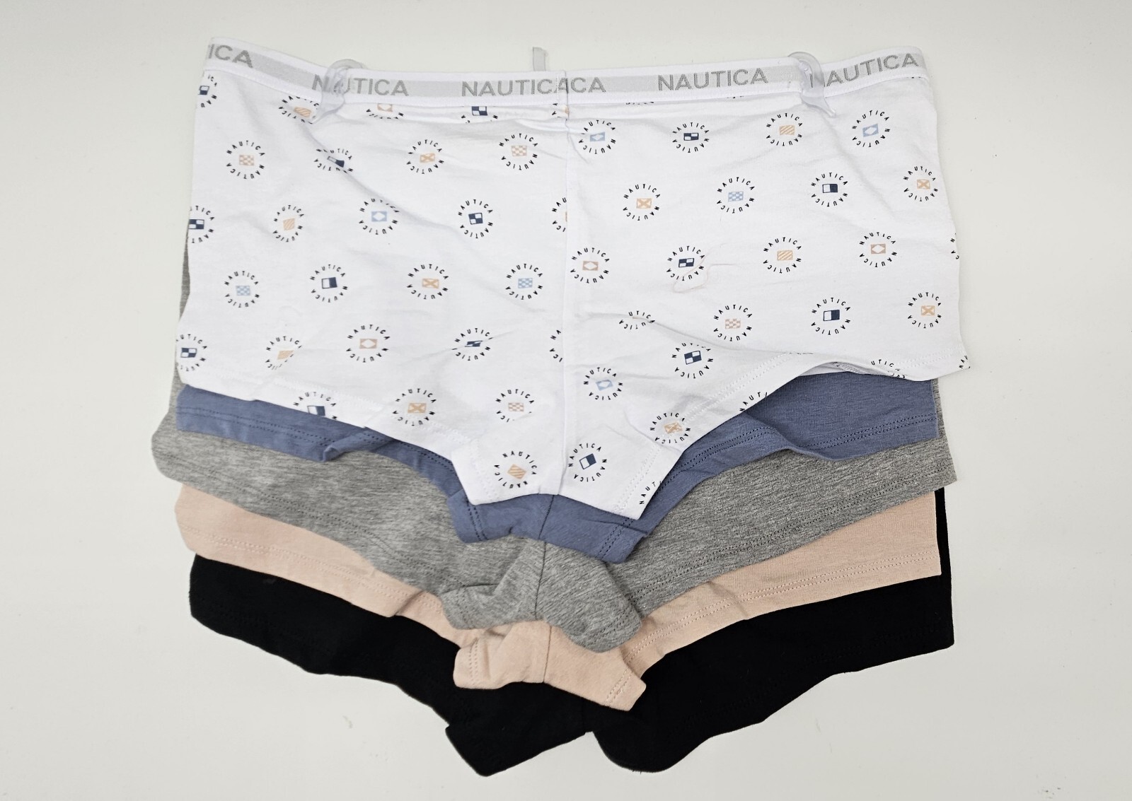 NAUTICA 5 Pack Women’s L XL Cotton Logo Boy Shorts Blue Gray Beige White Black