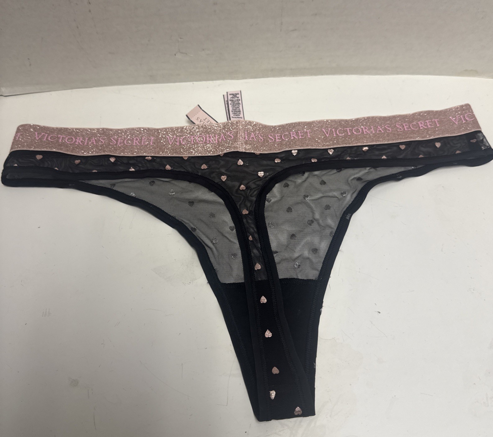 Victoria’s Secret Black Polyester Mesh Pink Glitter Band Thong Panties Sz XL New