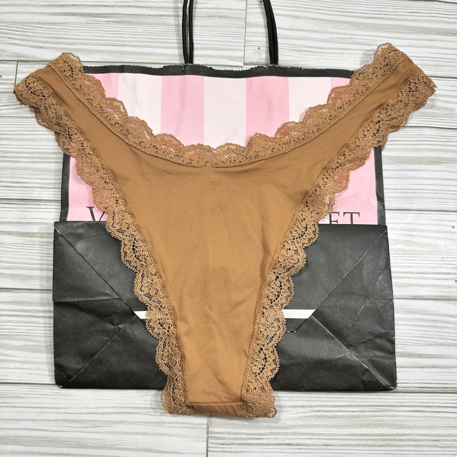 NEW Victoria’s Secret Brazilian Slip Panty Tan Lace Trim Rose Detail Size Small