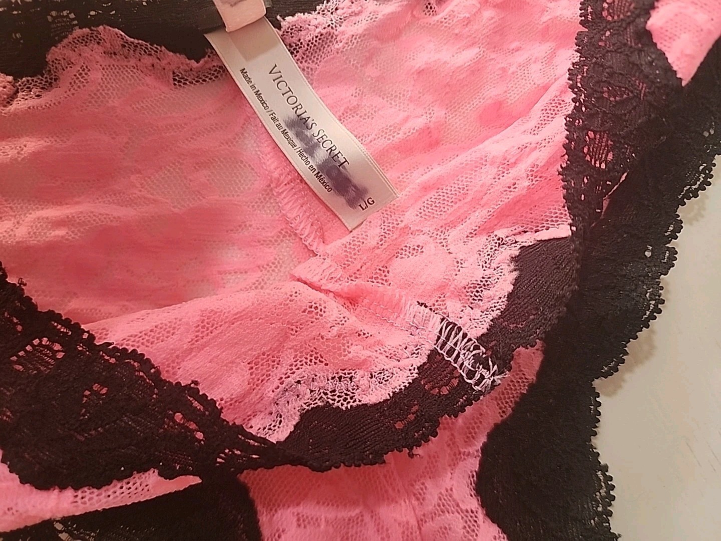 Vtg Victoria’s Secret Sz L The Lacey Pink Black Bikini Sheer Lace Mesh Neon Y2K