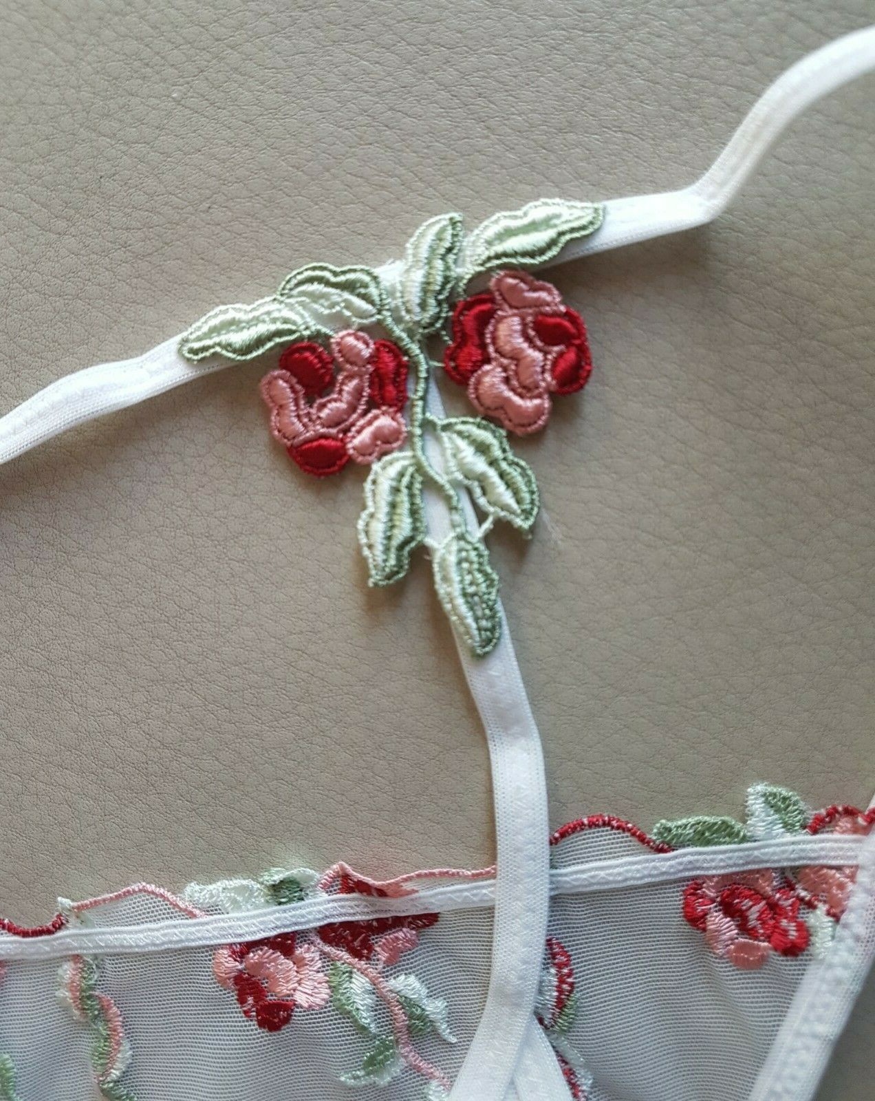 Verdissima Sheer White Mesh Embroidered Red/Green Flowers G-String