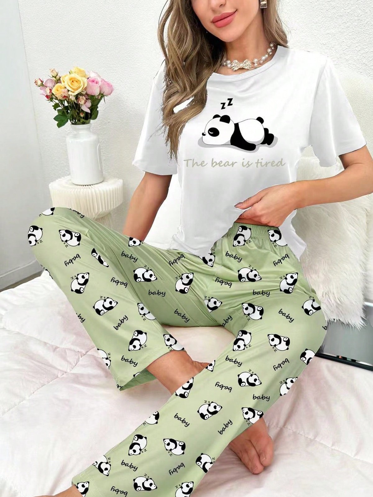 Ladies Comfy Panda & Slogan Graphic T Shirt and Pants Pyjama Set Cheap24
