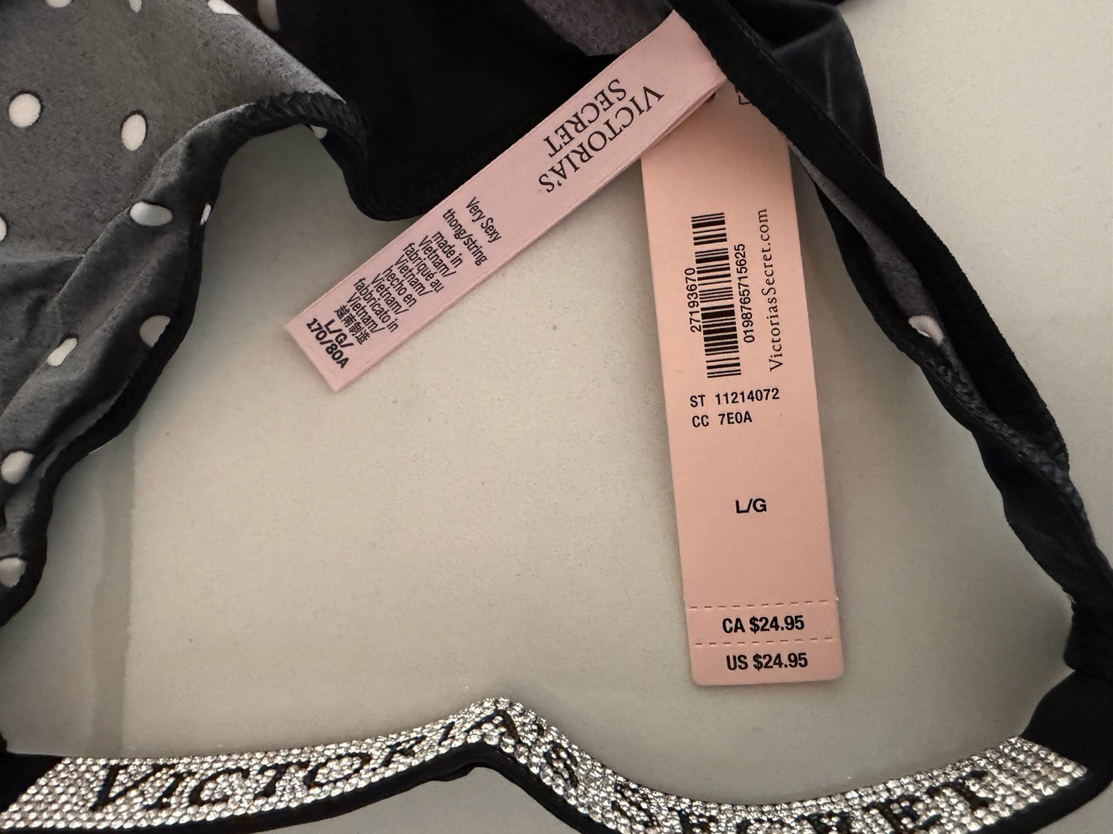 Victoria’s Secret VS Thong Panty Logo Shine Strap Black White Dot Satin Lg NWT