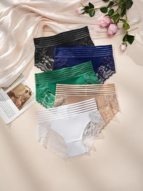 Lace Underwear for Women High Waisted 2X 7pcs-black/Nude/White/Blue/Green