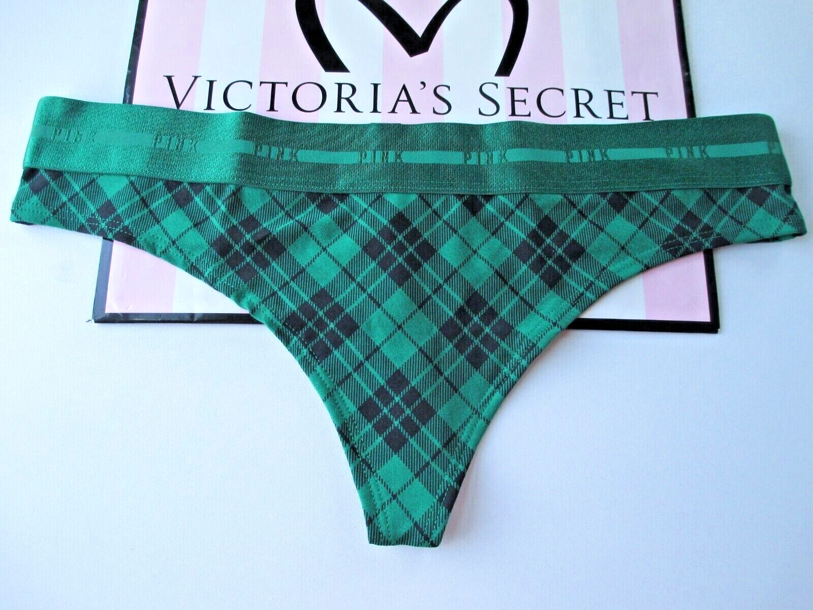 VICTORIA’S SECRET PINK Cotton Thong Panty VS Green Plaid Logo Band M L NWT