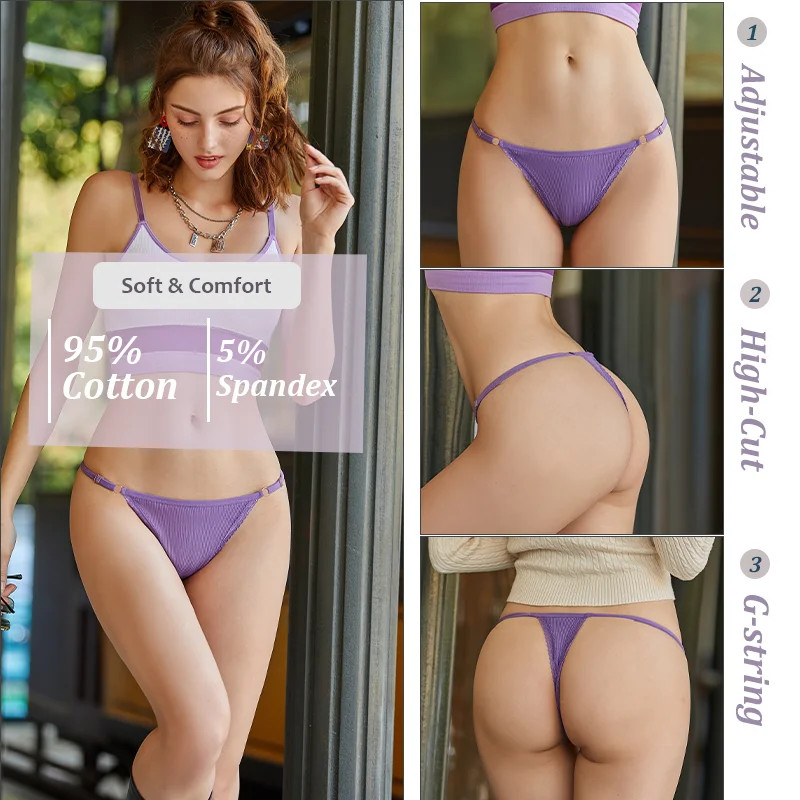 Low Rise Thong Panties Cotton Seamless Stretch Breathable Adjustable Fit 3PCS