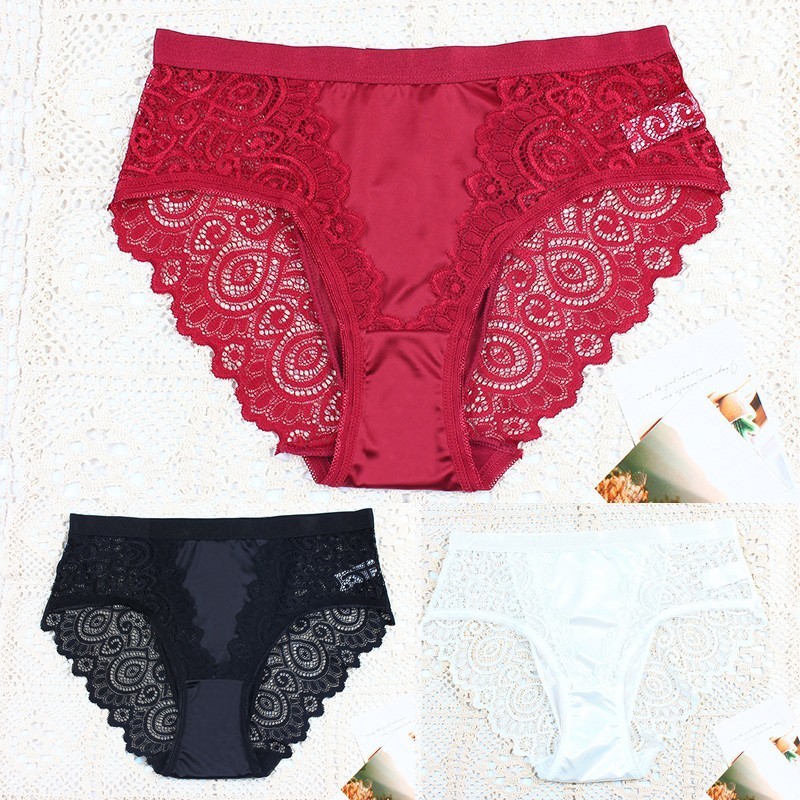 3 Pack Lot Sexy Womens Lace Satin Underwear Brief Bikini Panties French Lingerie