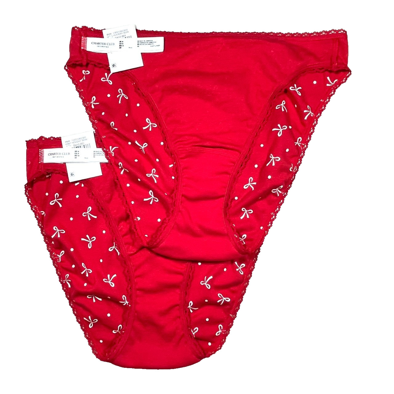NWT Charter Club Women’s M High-Cut Bikini Panties 2-Pack, Red Holiday Bow Print