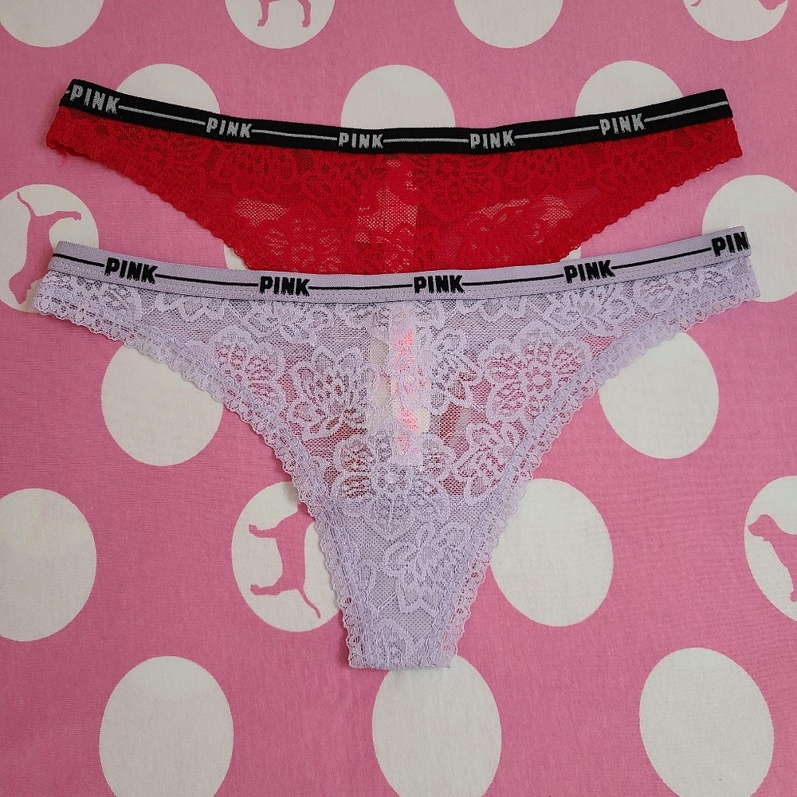 VS PINK 2pk Logo Band Lace Classic Thong Panties Size Sm Red & Lilac