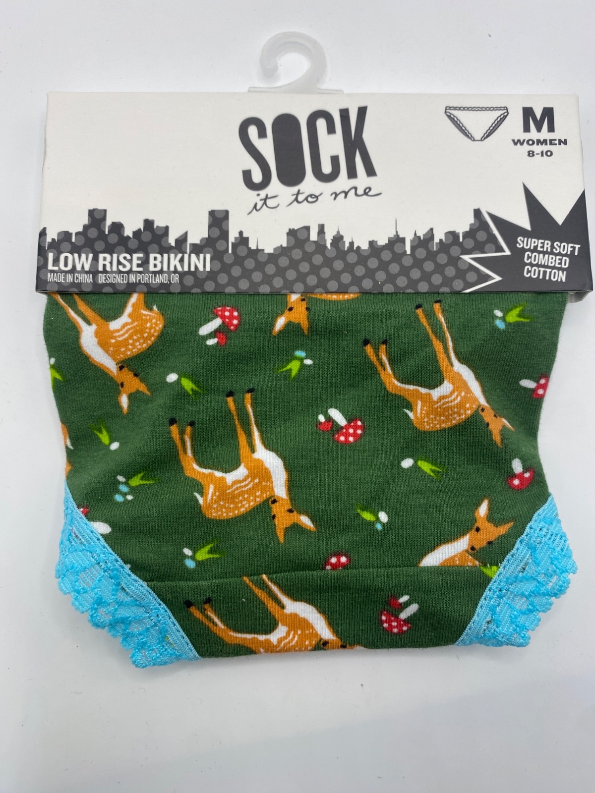 Sock It To Me Green Deer Ladies Panty Low Rise Bikini Cotton Lace Trim M