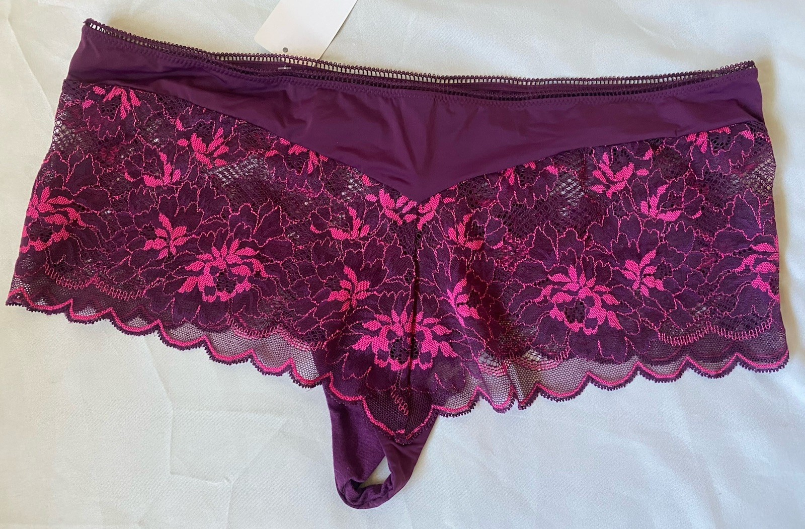 Wacoal Fire and Lace Mahogany Rose Burgandy Boyshort Thong Panty NEW Womens L 7