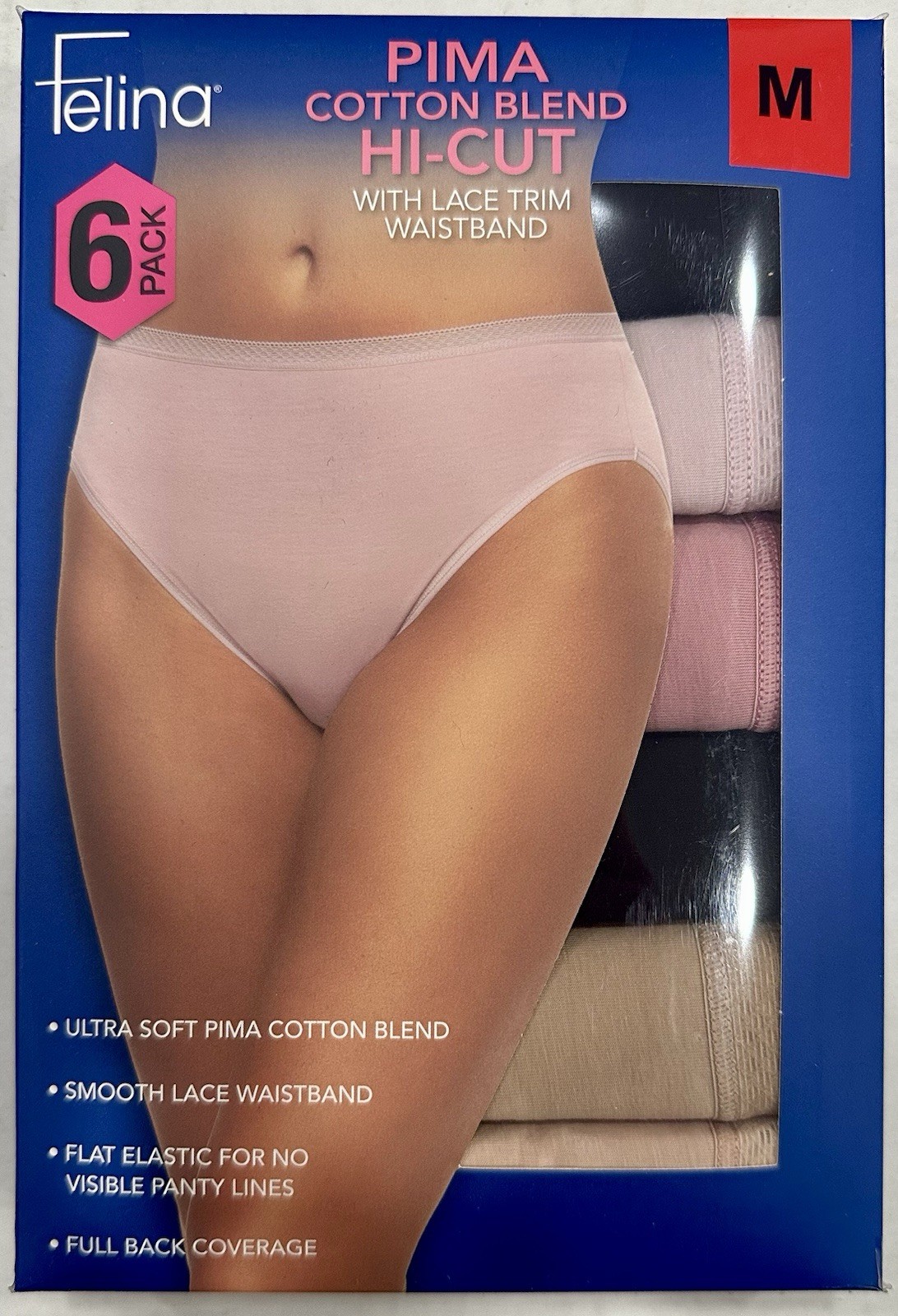 Felina Women’s 6-Pack Pima Cotton Hi-Cut with Lace Trim Panties, Multicolor, M