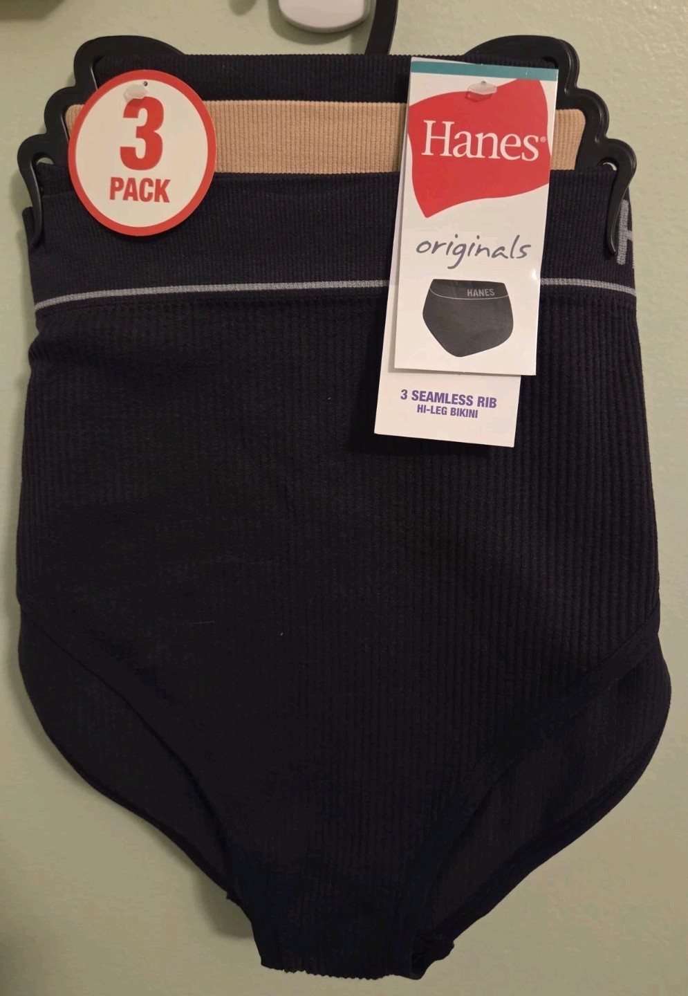 Hanes Women’s XL Seamless Rib Hi-Leg Bikini Underwear 3 PACK Black Beige #10726